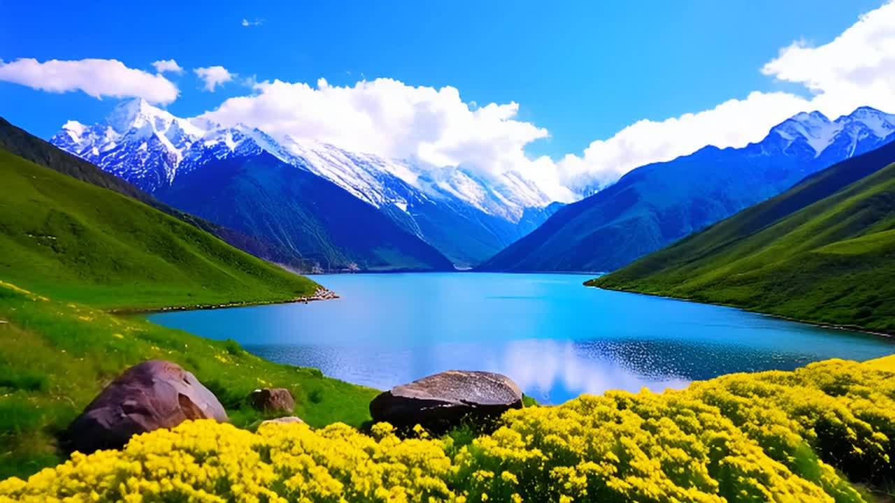 蓝天白云倒映在平静的湖面上，湖的周围环绕着绿色的山