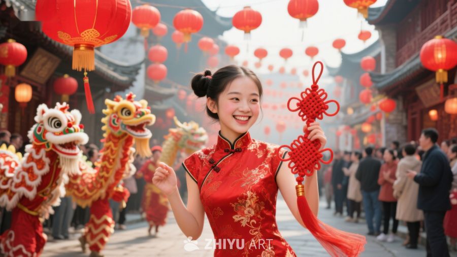 女子身着红裙手持中国结，背景舞龙灯饰 695