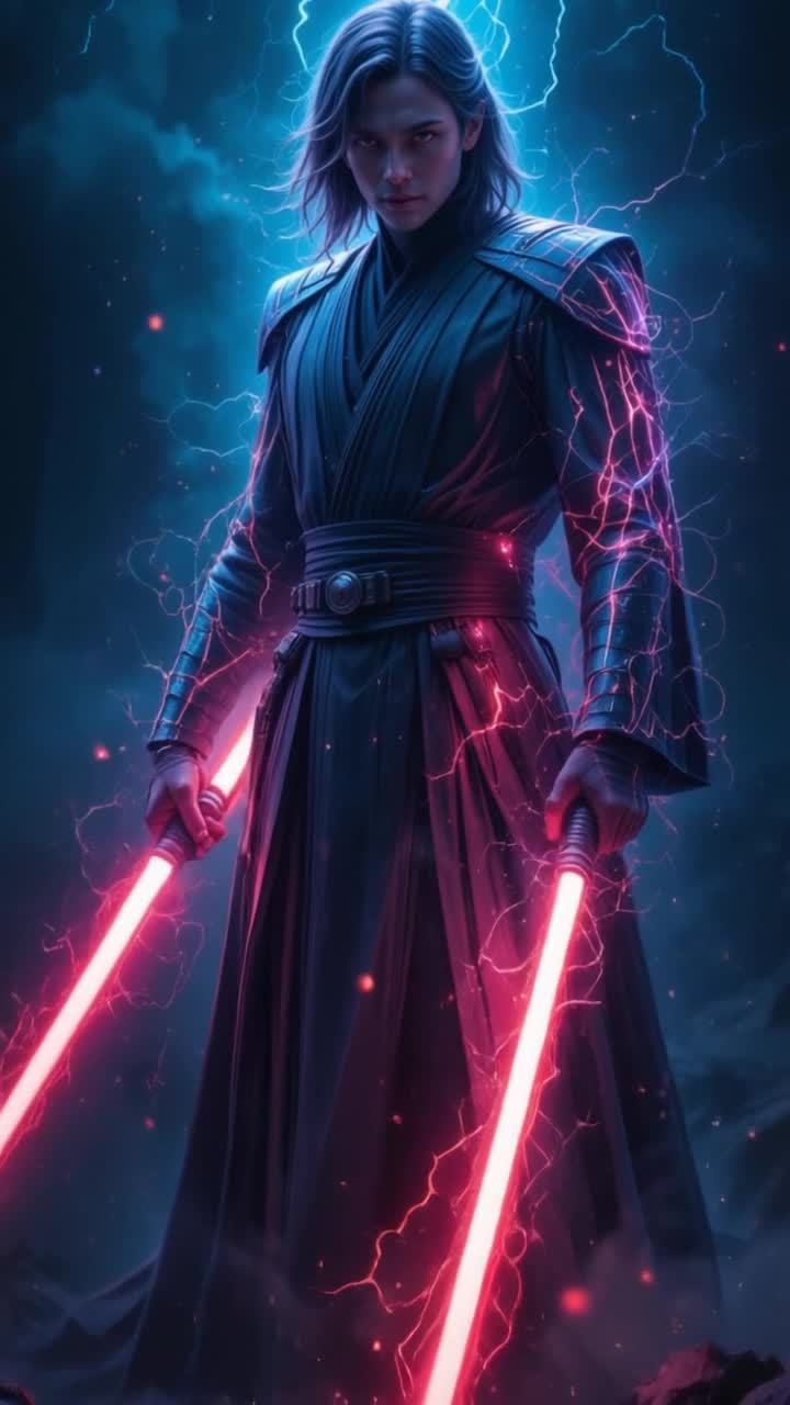 一名战士手持两把剑，剑刃发出红光，在战士脸前交叉成