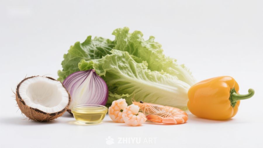 新鲜食材组合：椰子、生菜、洋葱等