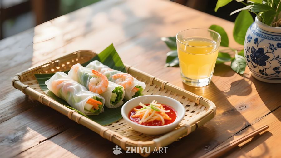 自然闲适氛围美食摄影竹盘盛春卷裹鲜虾蔬菜配蘸酱旁置鲜榨果汁