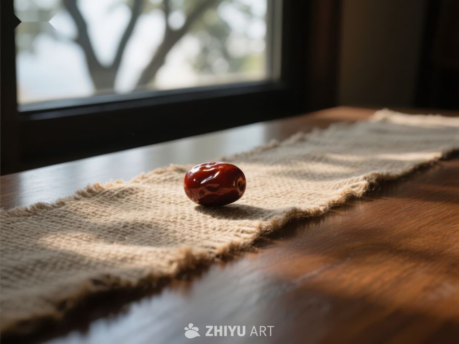 阳光下的木质桌面上的红色石头 742