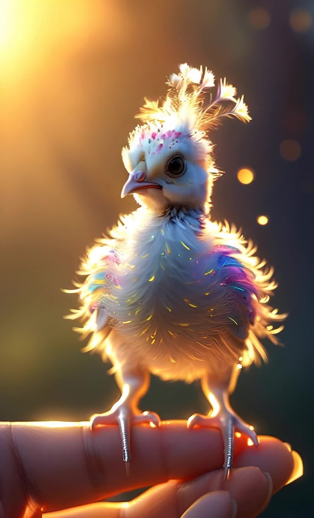 梦幻光晕中小孔雀指尖站立彩虹羽毛