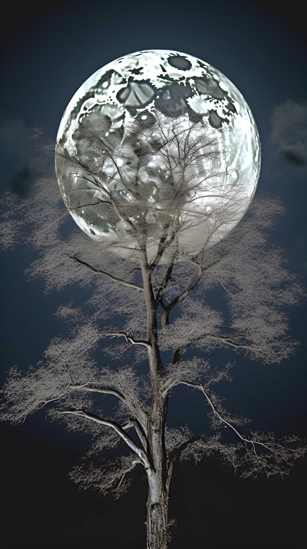 没有叶子的树和月亮夜景