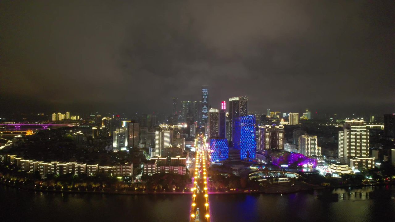 广西柳州市中心夜景灯光航拍 