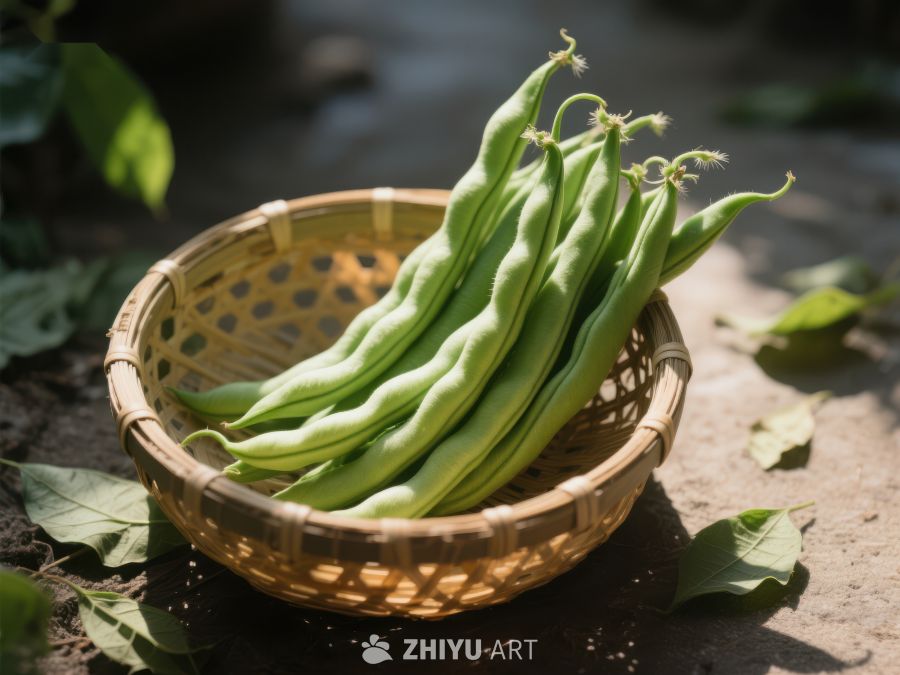 新鲜四季豆置于竹篮中 722