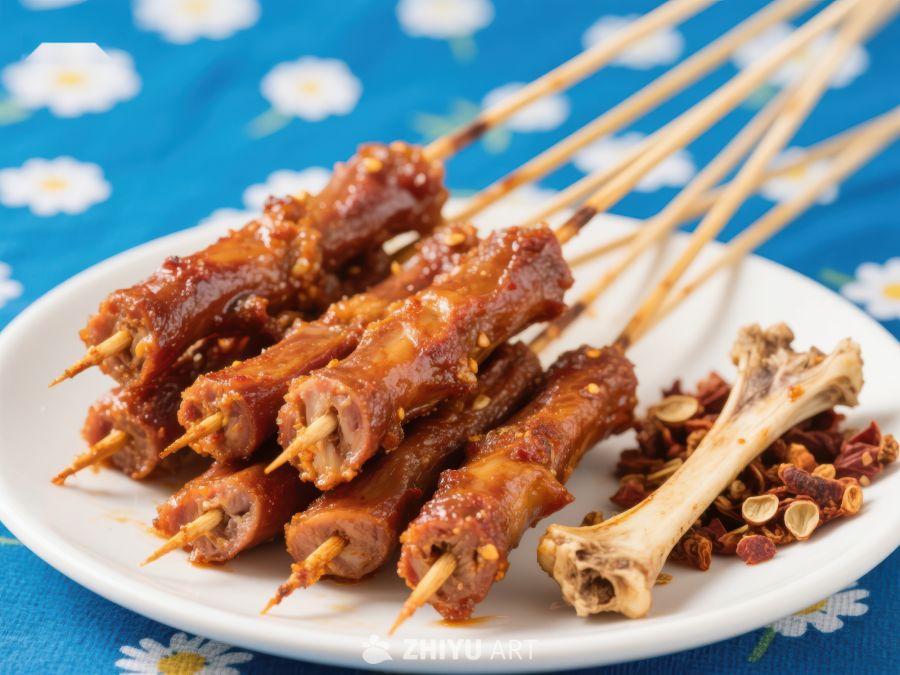美味烤肉串配骨头和辣椒