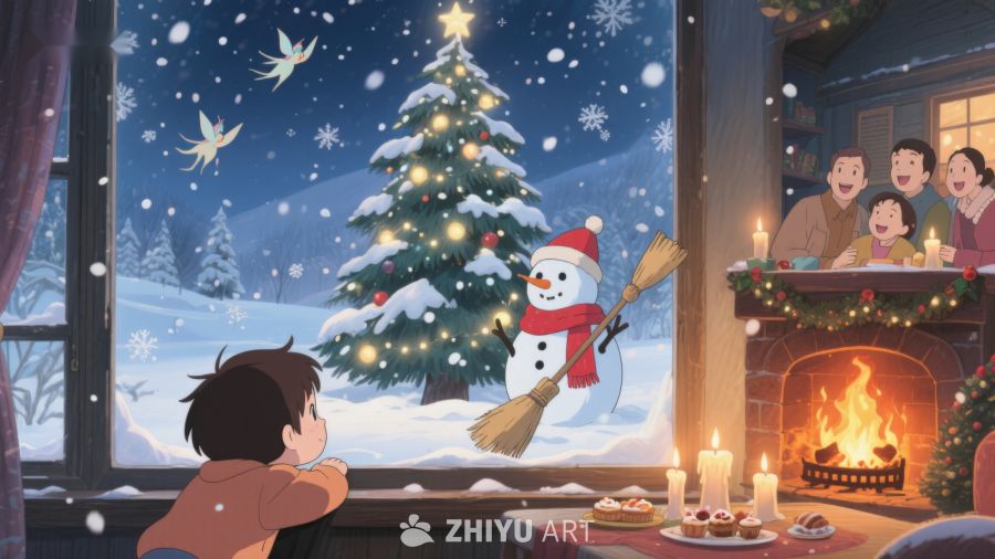 温馨圣诞夜，窗外雪人与室内欢聚 273