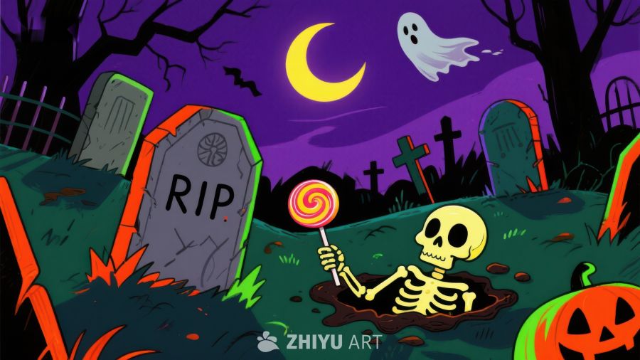 万圣节墓地骷髅手持棒棒糖