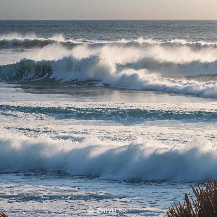海滩上，巨大的海浪拍打着海岸。海浪呈现白色泡沫状，