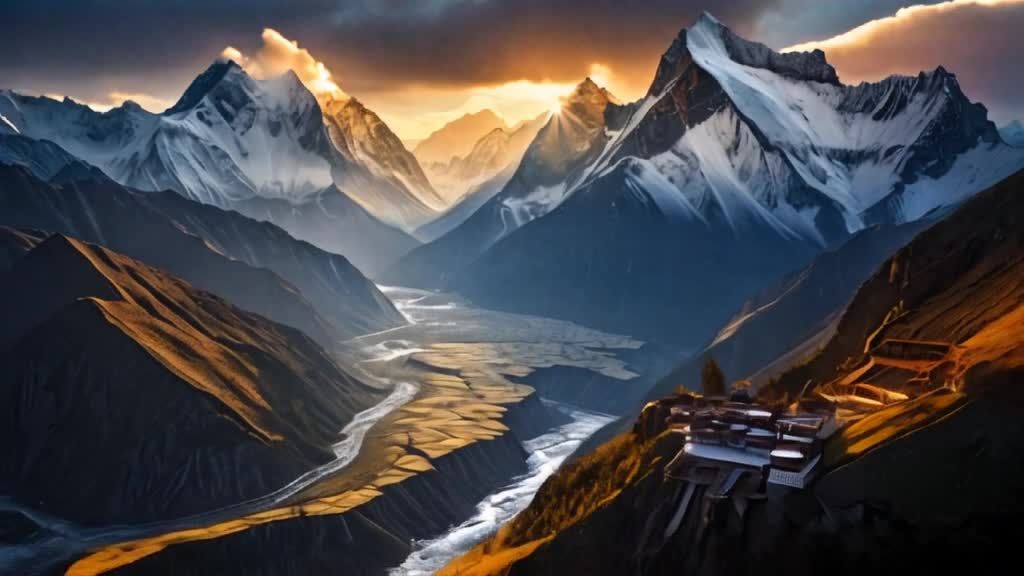 鸟瞰喜马拉雅山，高耸的山峰直插云霄，覆盖着皑皑白雪