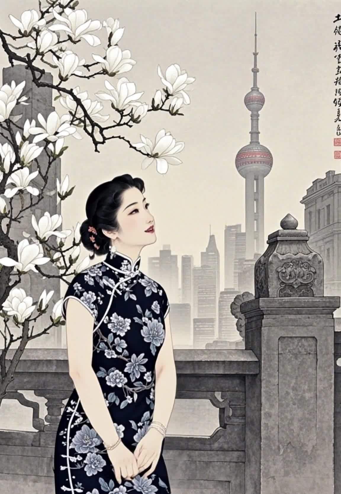着旗袍的女子凝望上海东方明珠和玉兰花