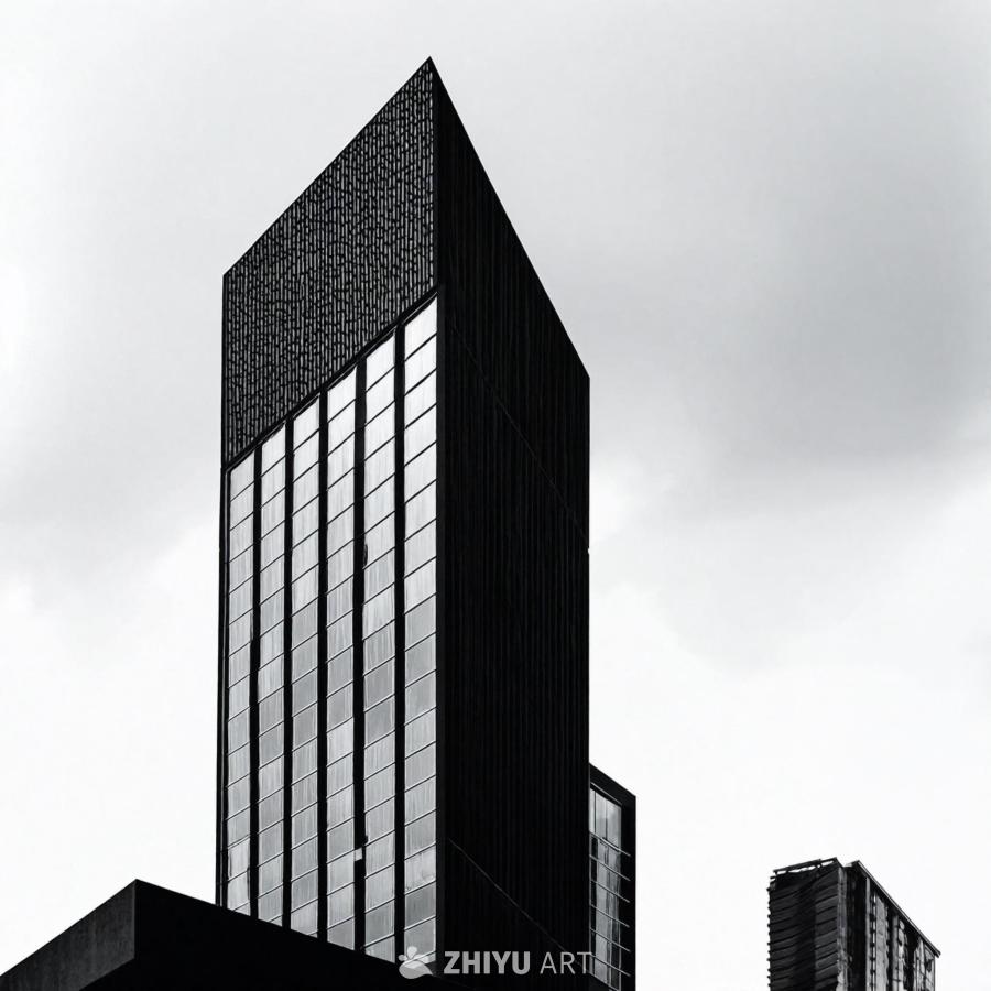 一栋高大的现代建筑，具有独特的建筑设计。建筑的外观