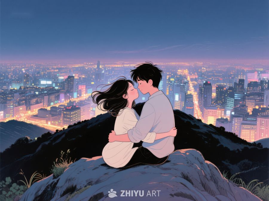 山顶夜景下的情侣拥吻 635