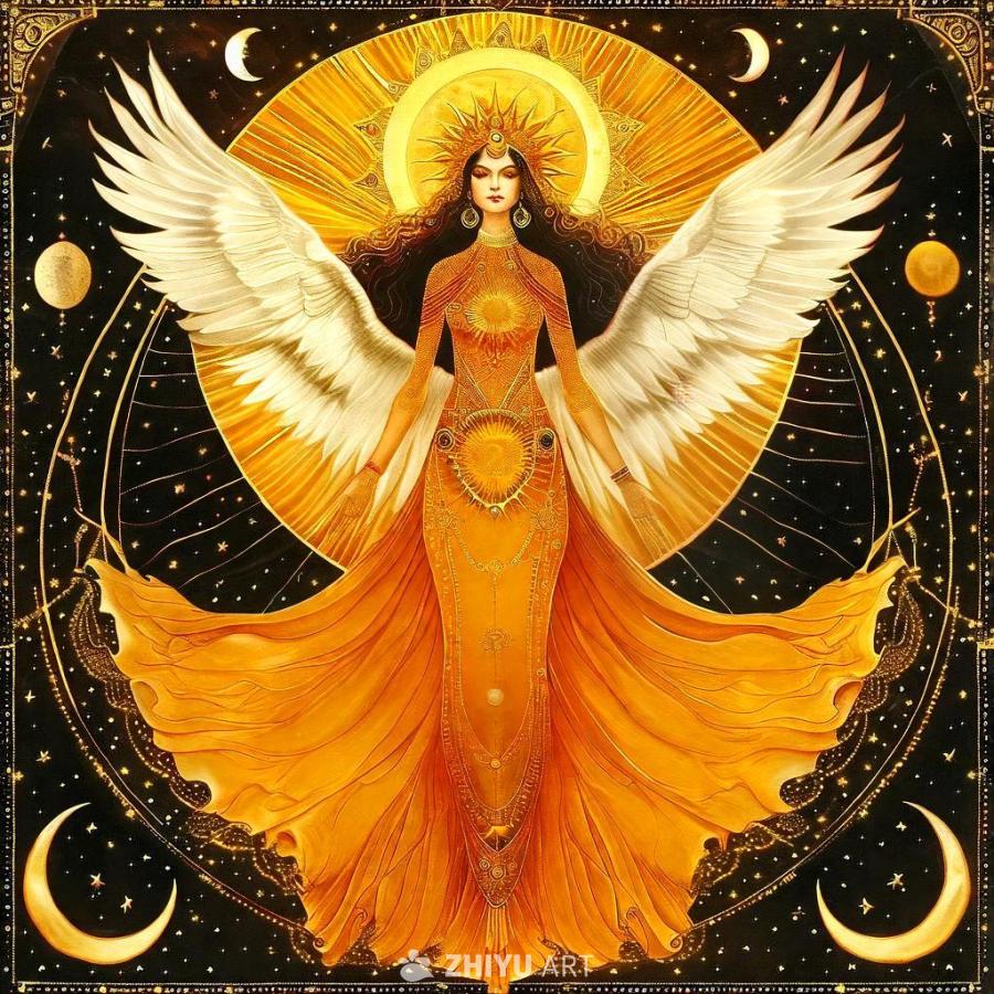 一位身穿金色长袍的女神，背后有一轮发光的太阳，她头
