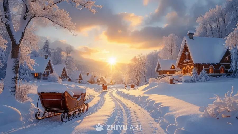 雪覆盖的村庄，一辆雪橇停在积雪的道路旁，道路上有车