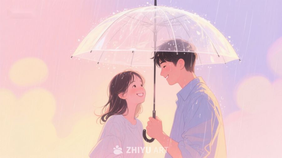 雨中伞下，两人相视而笑 655