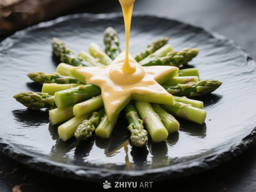 芦笋盘中浇注奶油酱，星形装饰 887