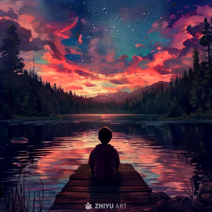 一个穿着红色连帽衫的男孩坐在湖边木制码头上，背对着