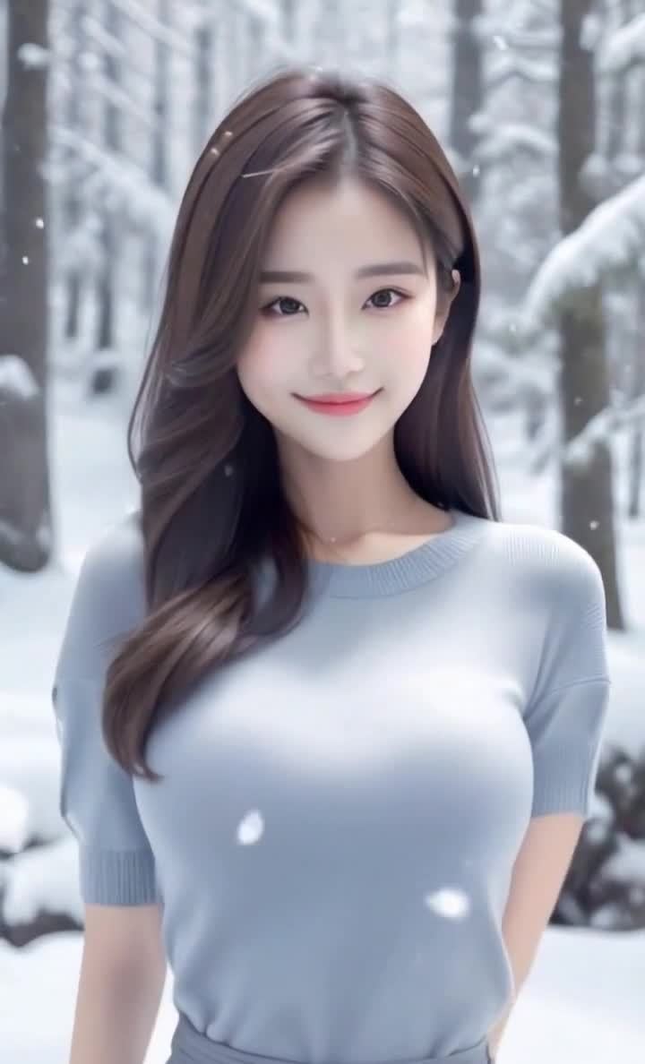 雪地中棕发女子，浅蓝短袖，注视前方。