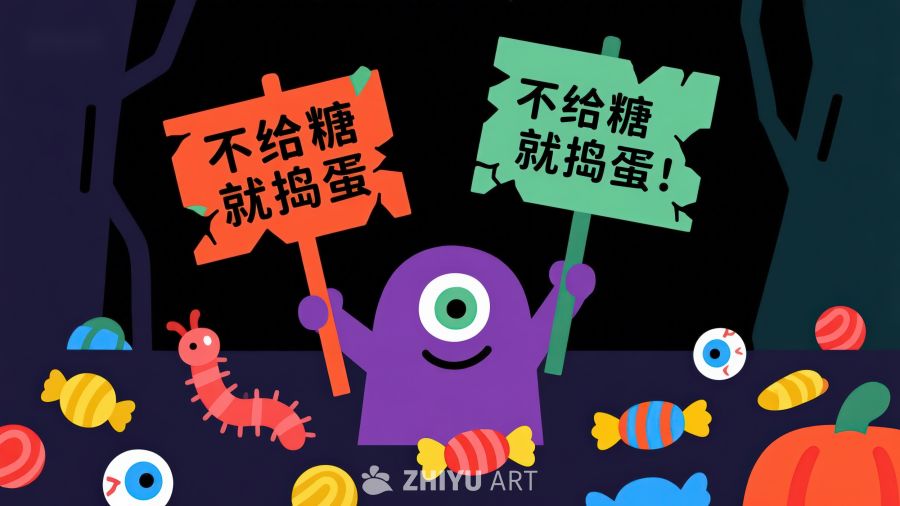 卡通怪物手持标语，糖果环绕