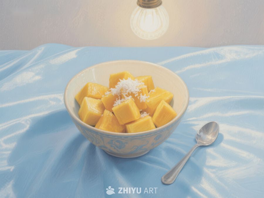 芒果块配椰丝，置于蓝布上的碗中 236