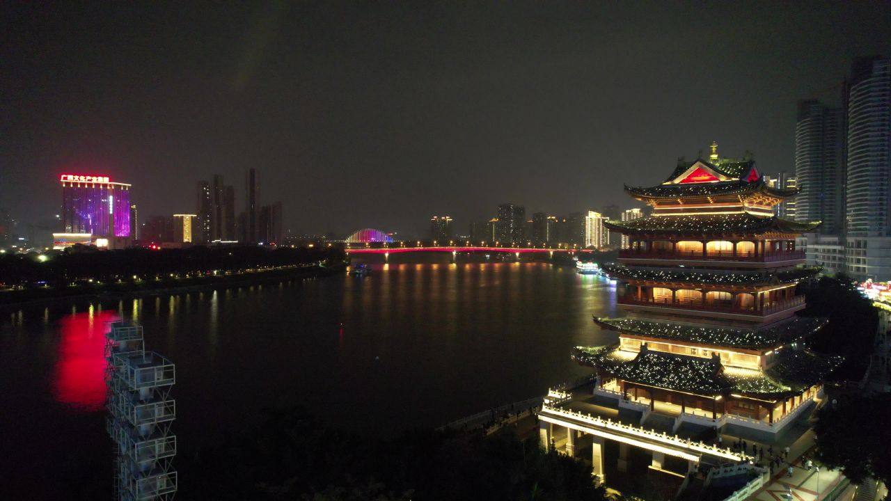 广西南宁邕江夜景灯光航拍 