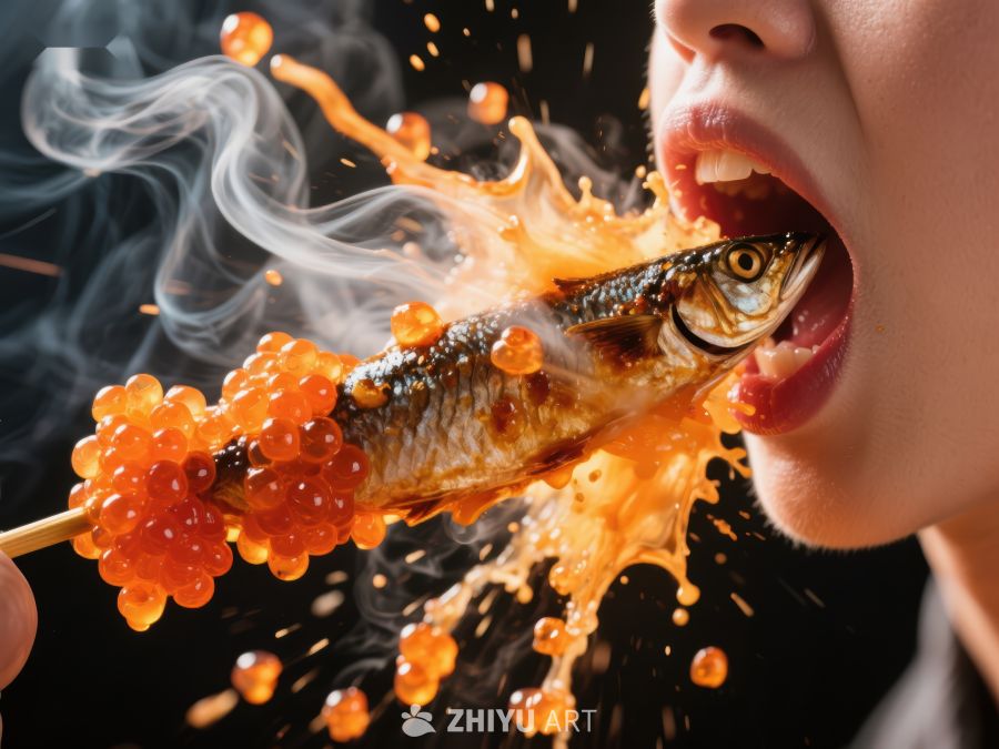 品尝鲜美鱼子酱与小鱼的瞬间