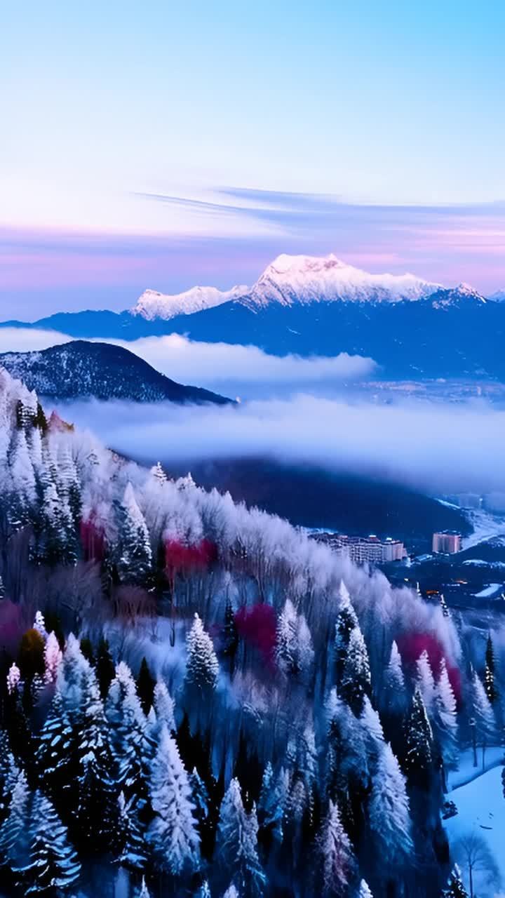 雪覆盖的山脉和树木，背景是城市景观