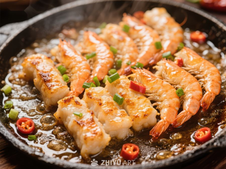 铁板虾仁与鱼块美味烹饪
