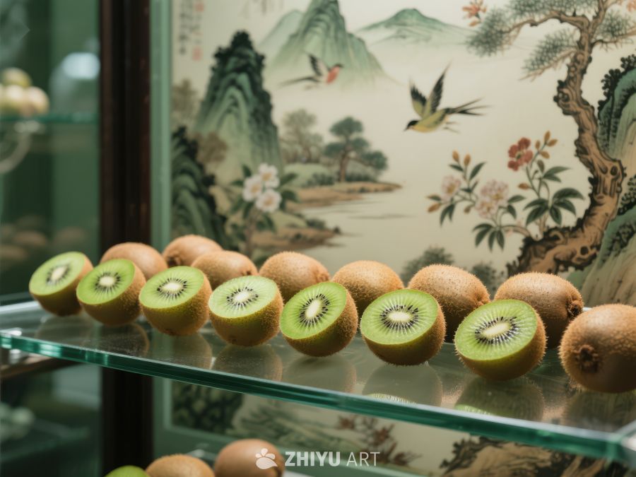 切开的猕猴桃整齐排列在玻璃展示柜中 436