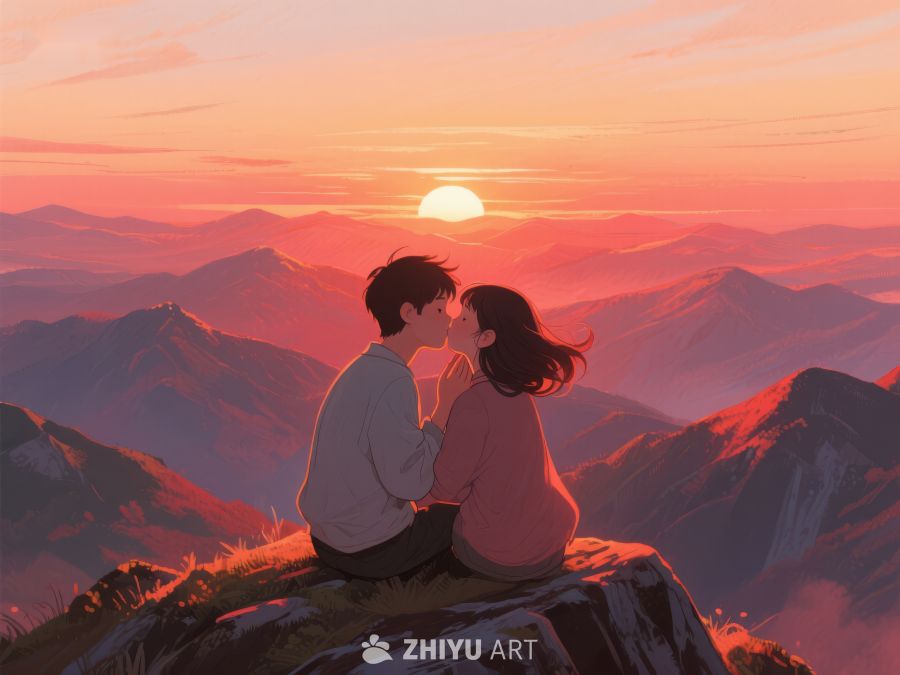 山顶情侣共赏夕阳美景 636