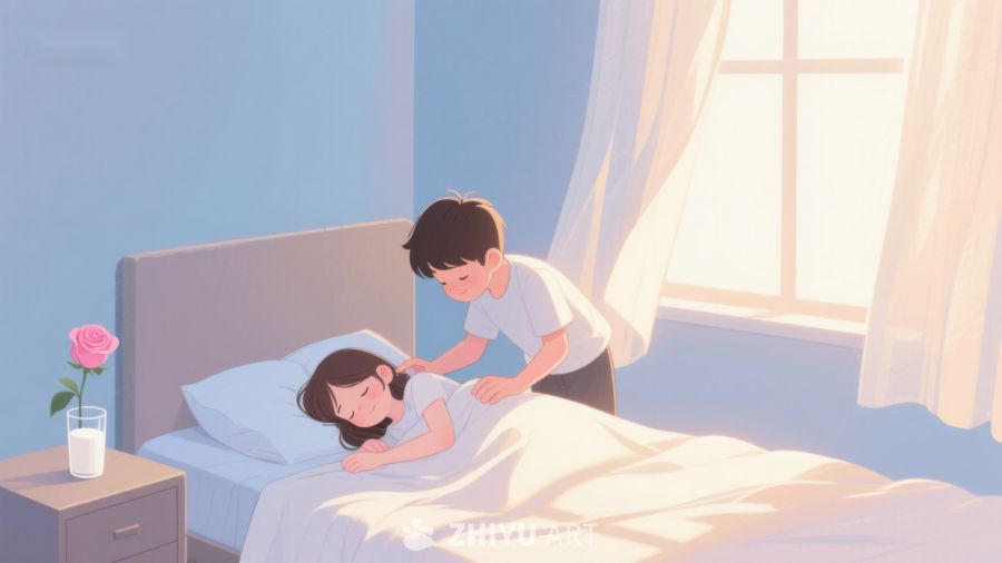 温馨晨光中，男孩轻抚女孩额头 362
