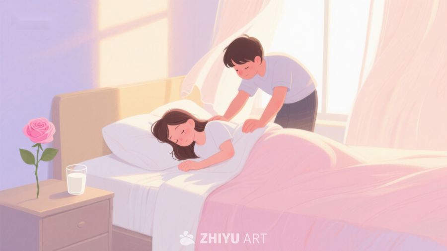 温馨床边，男子轻抚熟睡女子 405