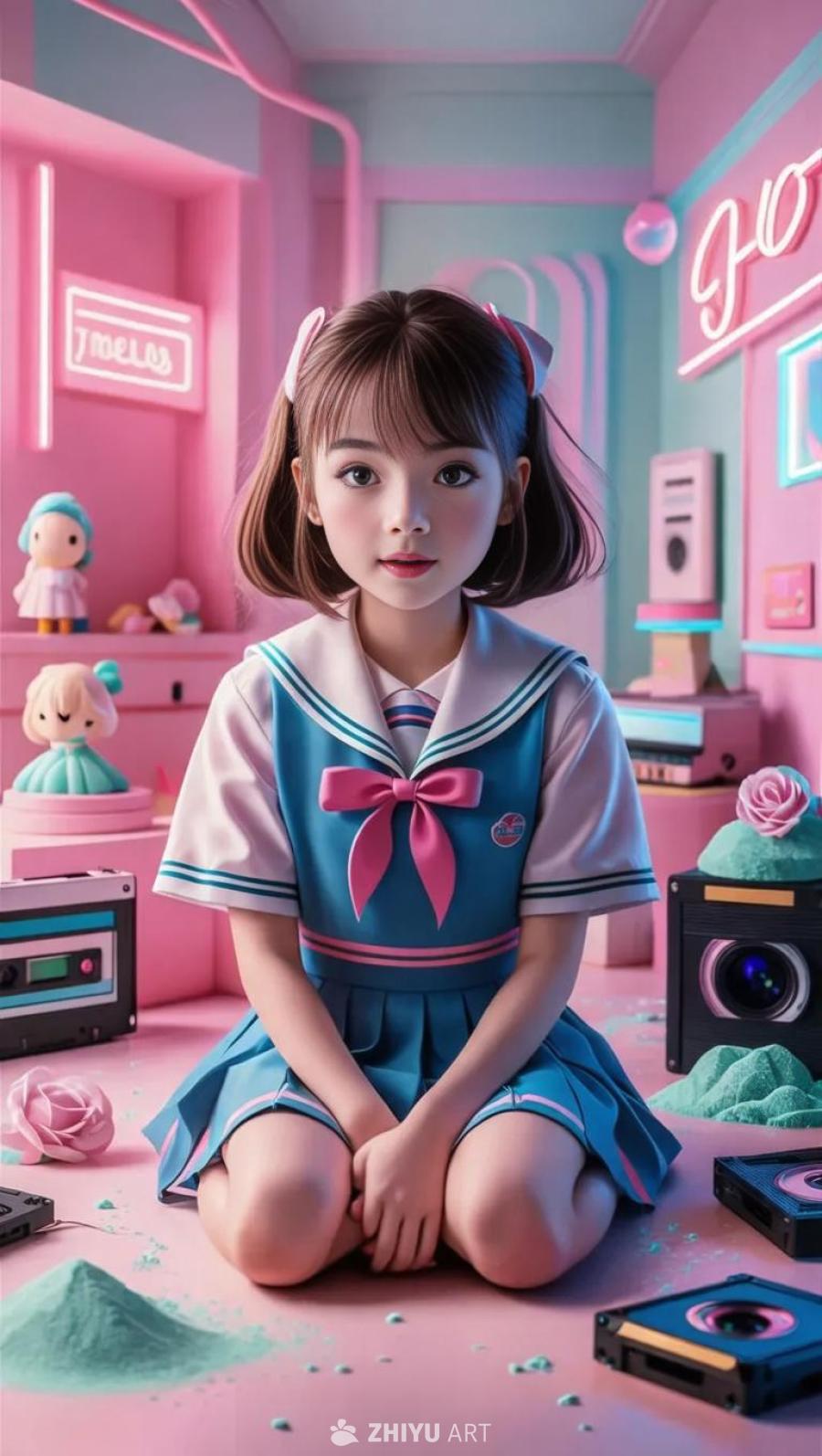 一个身穿日式校服的女孩坐在一个粉色调的房间里。房间