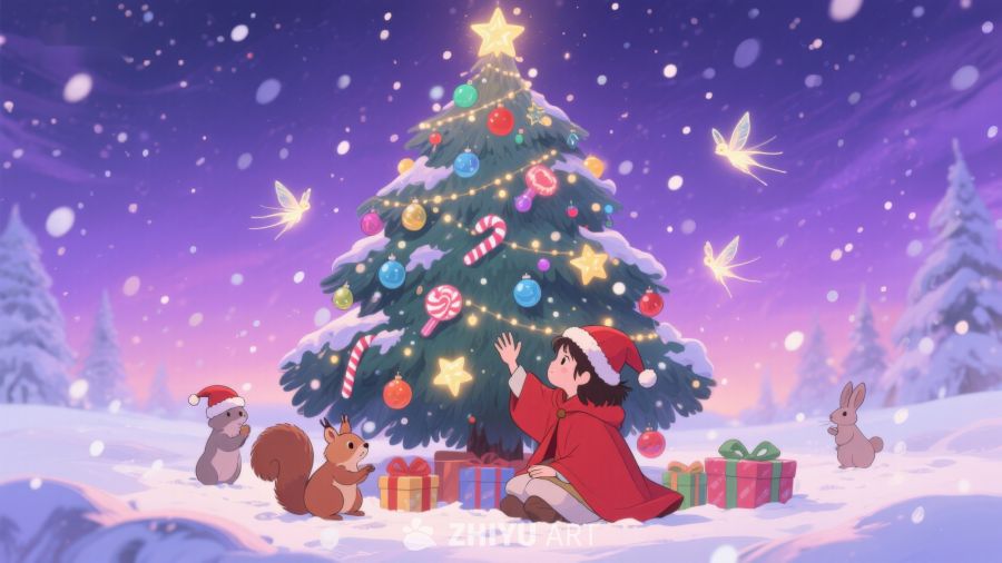雪夜中的圣诞树与欢乐小动物 473