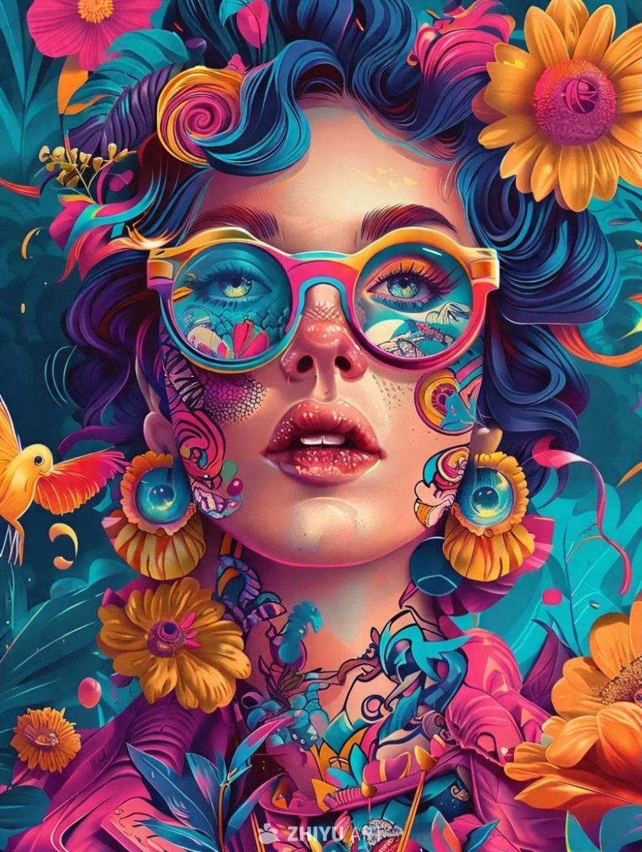 一位戴着彩色眼镜的女性，眼镜里反射着海滩景色。她的