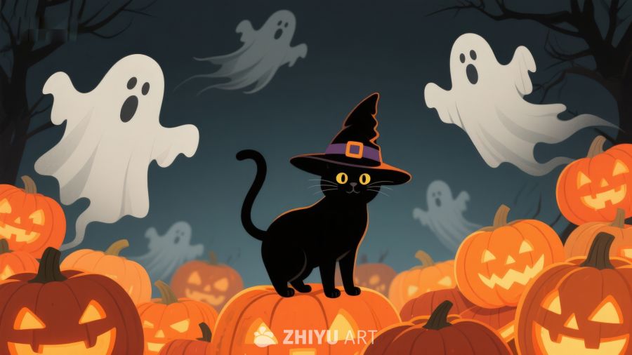万圣节夜景：黑猫与幽灵