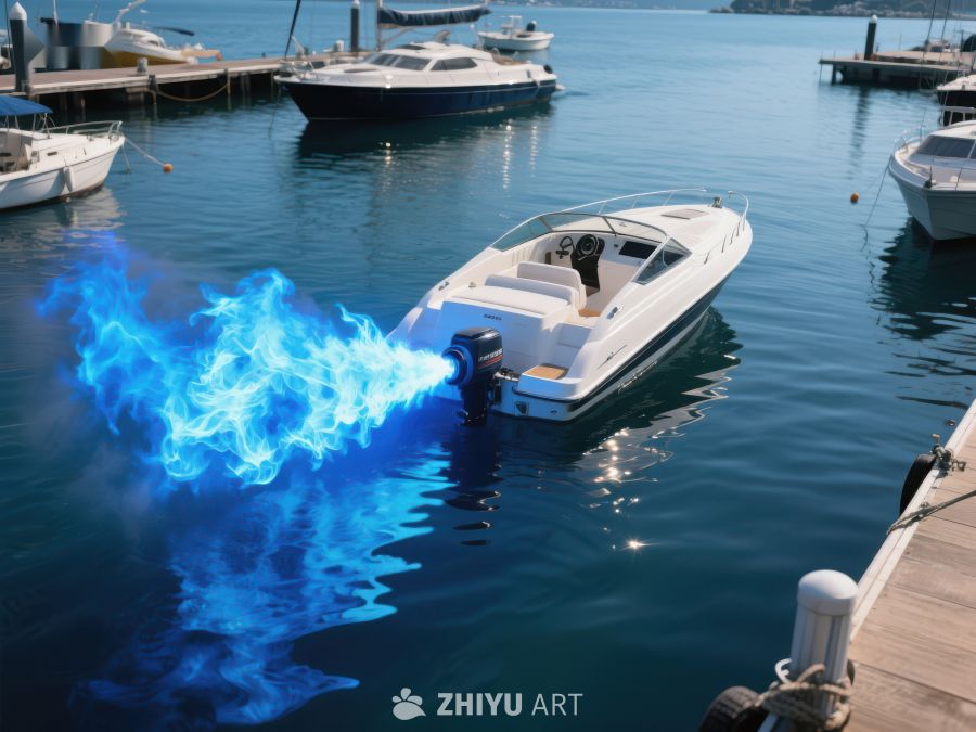 游艇喷射蓝色火焰，停泊港口 541