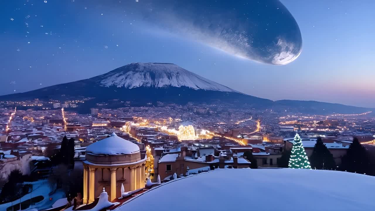 一颗彗星状的物体悬挂在夜空中，下方是覆盖着积雪的维