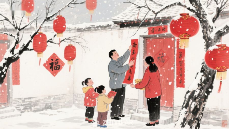 雪中贴春联，家庭共庆新年 1149