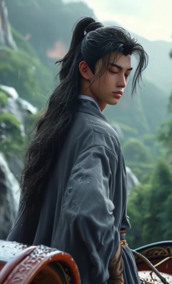 雨中山中马车长发男子