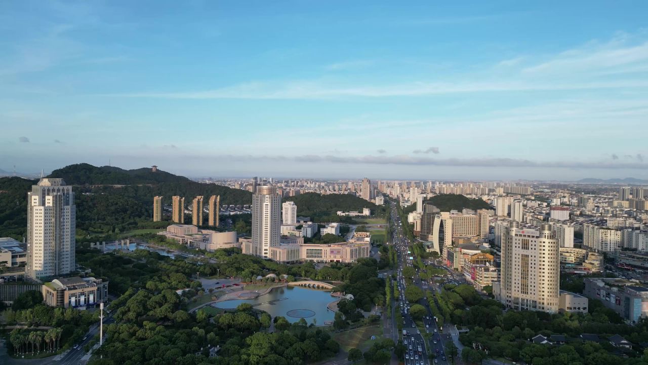  航拍台州市民广场水景公园