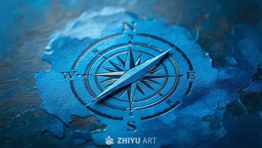 一个蓝色的指南针，标有N、W、E、S四个方向。指南