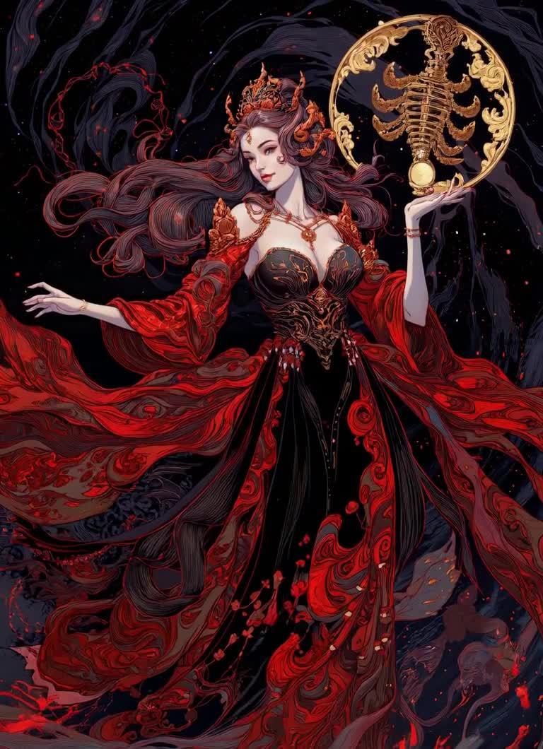 红黑礼服女王与金色天蝎骨架