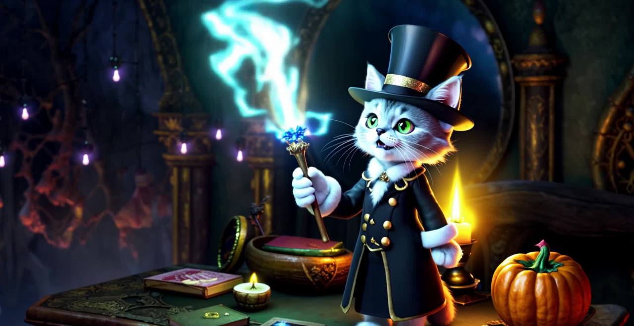 魔法猫咪挥舞魔杖，奇幻氛围的万圣节场景