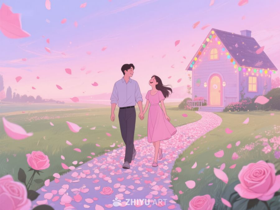 情侣漫步花径，温馨小屋相伴 552
