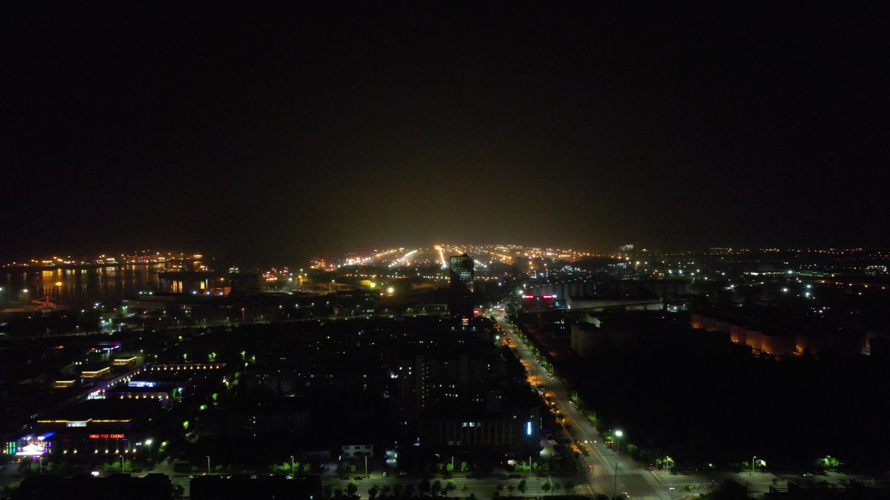 山东日照老城区城市夜景灯光航拍 