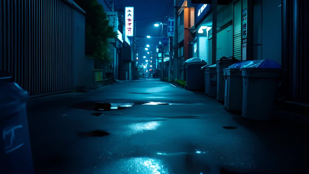 夜晚，东京一条空无一人的后街，街道上散布着垃圾桶，