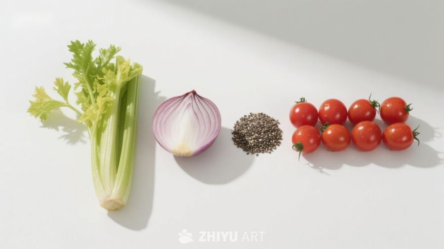 新鲜蔬菜与香料静物摆拍